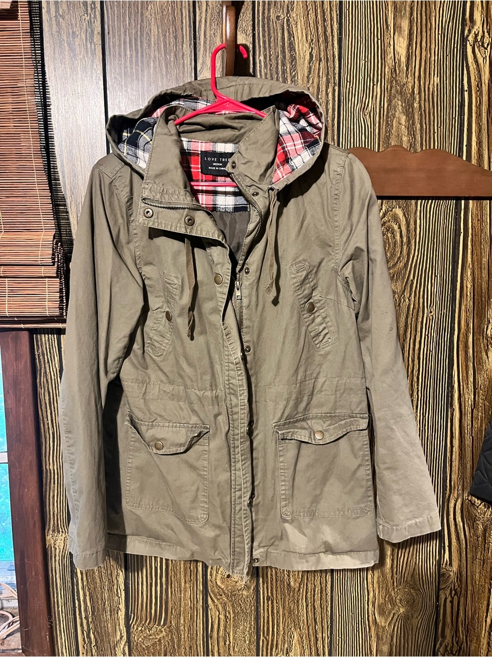 Love Tree Olive Utility Hooded Jacket with Plaid Lining
